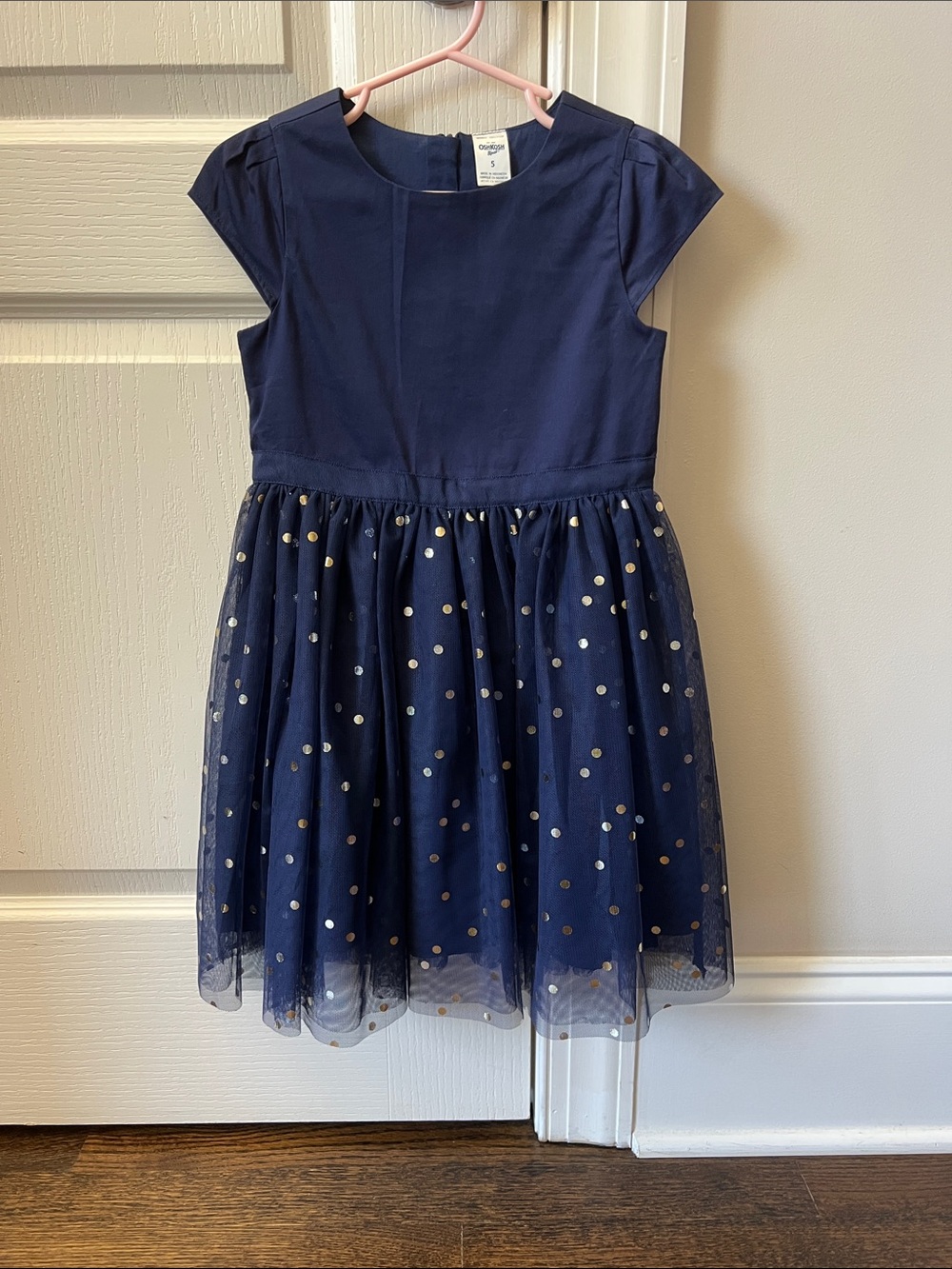 OshKosh B'gosh Navy Dress with Gold Polka Dot Tulle Skirt